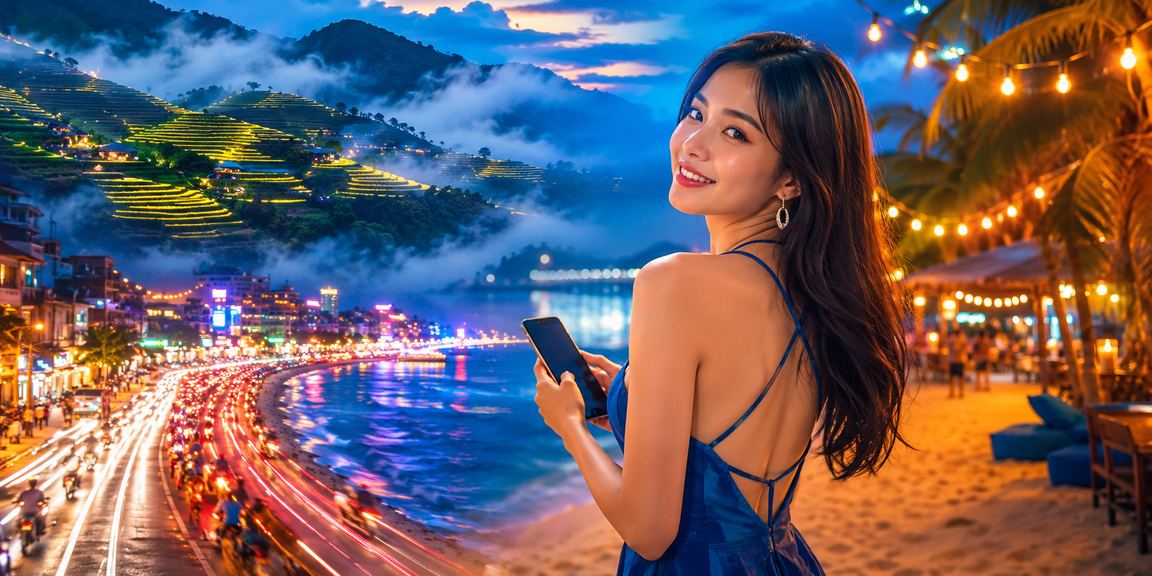 Người dùng Sa Pa mở casino mobile neon trong không khí tối